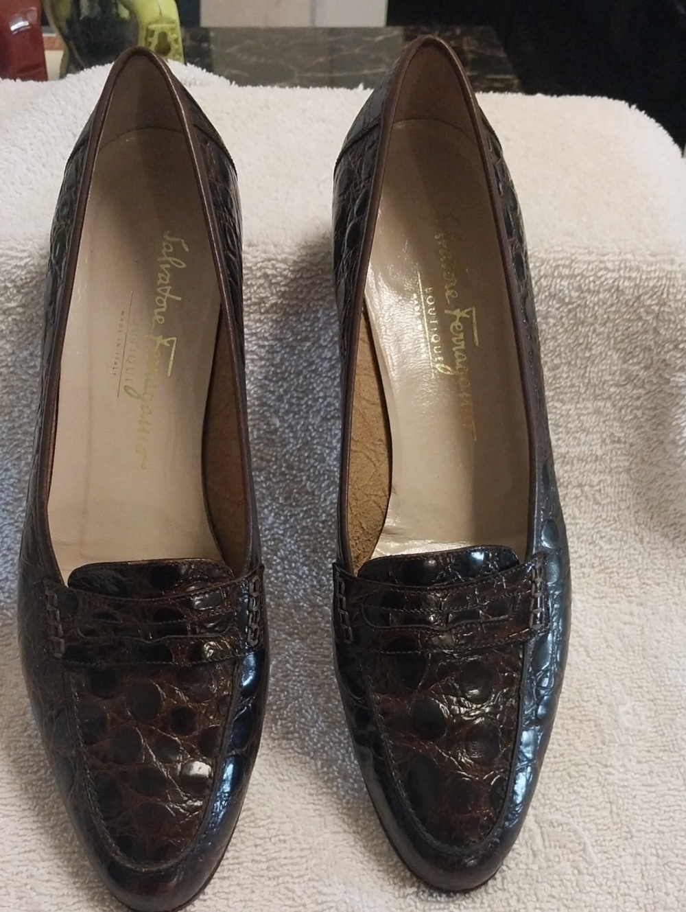 Salvatore Ferragamo Brown Croc-Embossed Leather Loafers